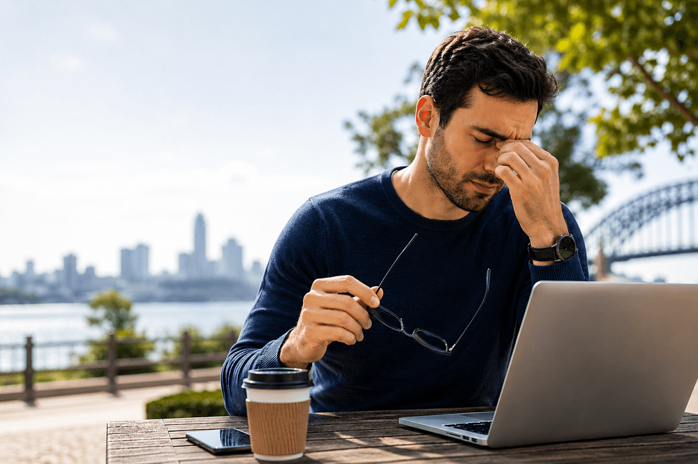 Blurry Vision and Dry Eyes, A man sitting outside using laptop