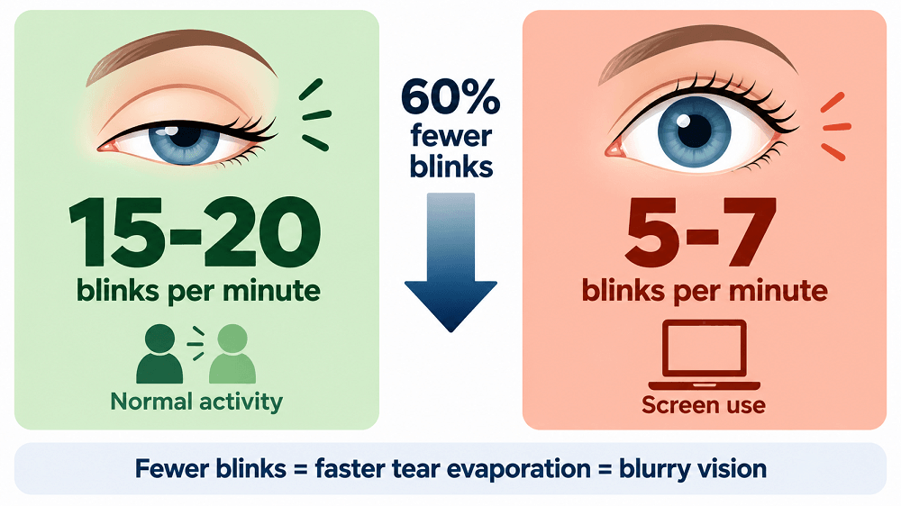 How screen use reduces blink rate and causes dry eye blur