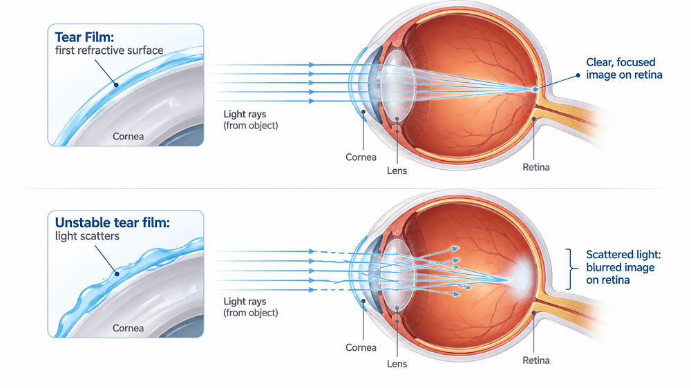 How the tear film acts as the eye's first lens for focusing light