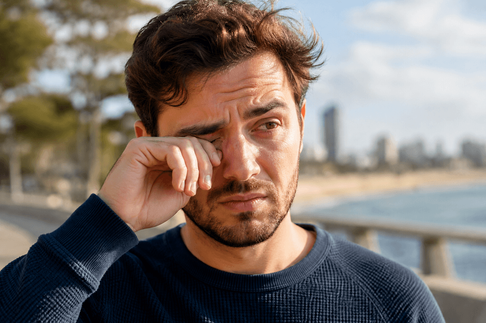 A Man outside with gritty and sandy eyes