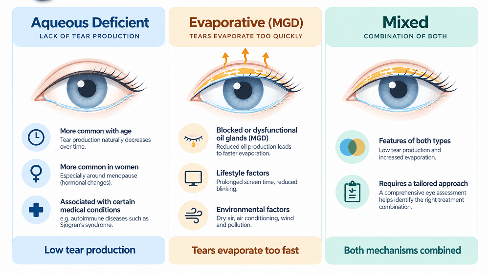 Three types of dry eye and their characteristic symptoms