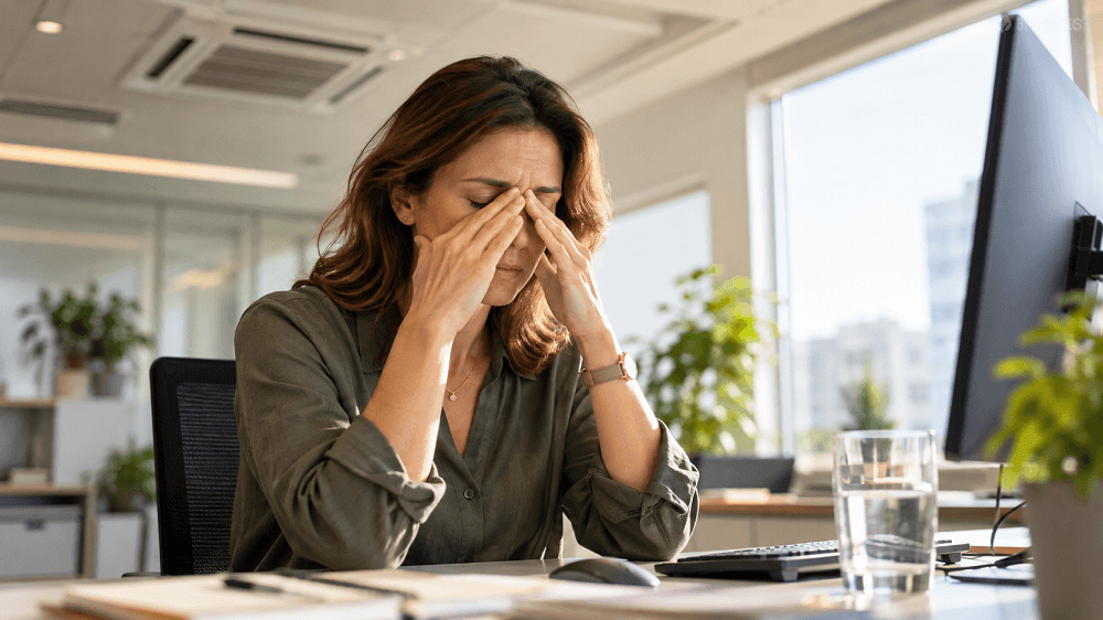 Australian office worker experiencing dry eye symptoms in air-conditioned environment