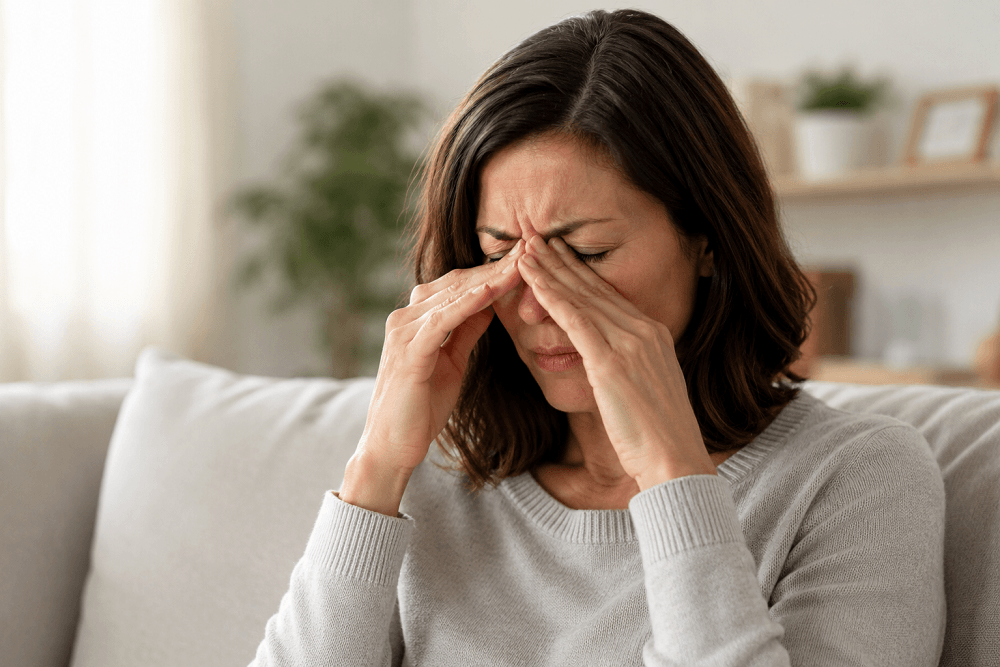 Middle-aged woman experiencing dry eye discomfort